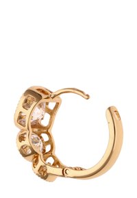 Guld hoopsørering med et gitterdesign, prydet med klare krystaller sat i en buet ramme. Poleret overflade og glat finish.