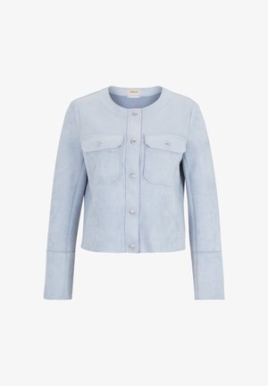 Light blue, suede-like jacket featuring a round neckline, long sleeves, two front pockets, and decorative button accents.