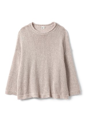 Suéter beige de punto de ajuste holgado con mangas largas y cuello redondo, colocado plano sobre fondo blanco.