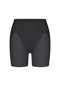 Pantaloni shorts neri a vita alta realizzati in tessuto liscio e elasticizzato. Presentano una texture a zigzag sui lati e un design elegante e aderente.
