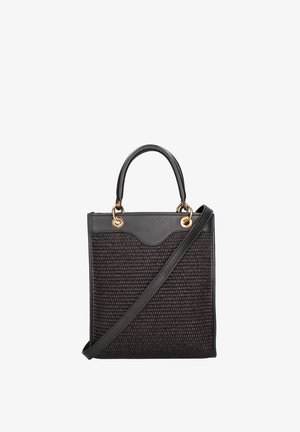 Sac à main noir avec un corps tissé texturé, des accents en cuir, des anses supérieures et une bandoulière amovible. Présente du matériel en métal doré.