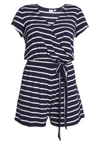 Námořnická modrá a bílá pruhovaná krátká kombinéza s krátkým rukávem, výstřihem do V, zavinovacím designem, elastickým pasem a odpovídajícím páskem na zavázání. Měkká tkanina ze směsi bavlny.