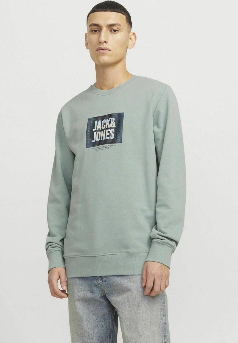 Sudadera verde claro de algodón con mangas largas, cuello redondo y un gráfico de logo impreso en azul oscuro en el frente.