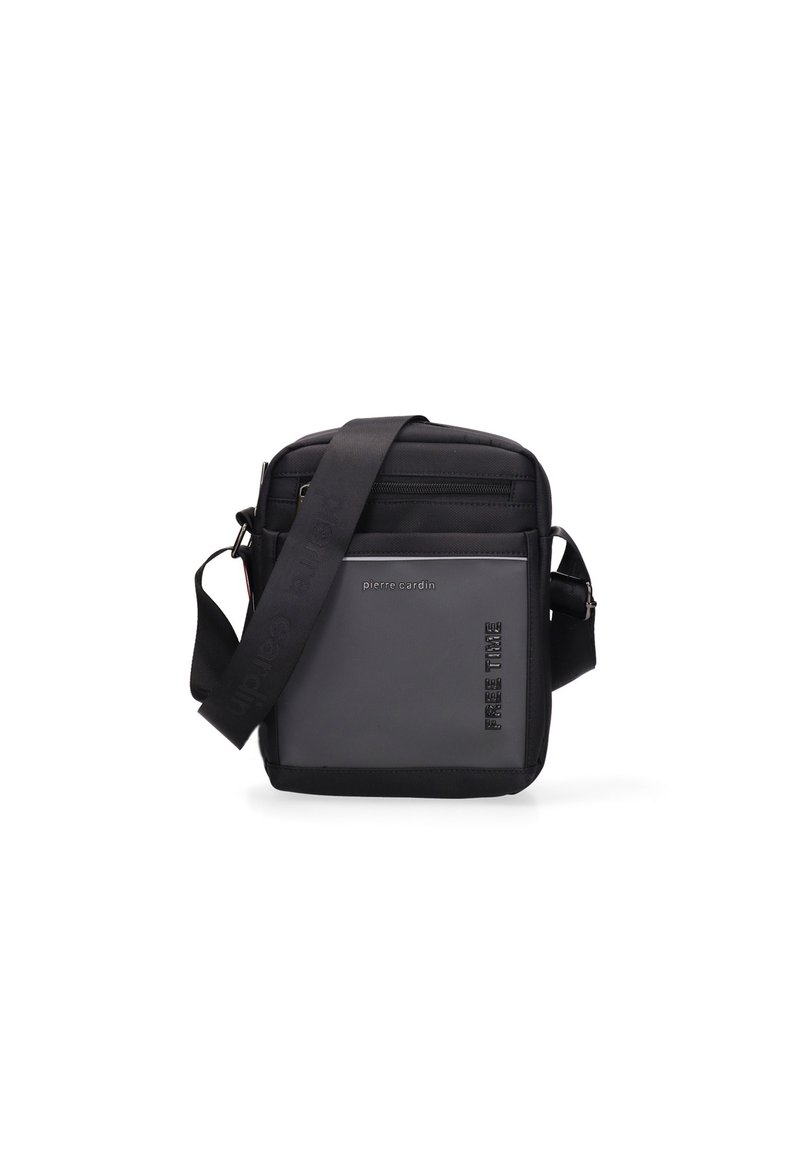 Borsa a messaggero nera e grigia con tracolla regolabile, dotata di una tasca frontale con zip e logo in rilievo; design elegante e rettangolare.