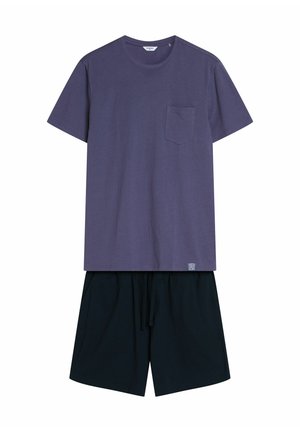 Purple cotton t-shirt with a chest pocket, paired with black drawstring shorts in a lightweight fabric. Both have a relaxed fit.