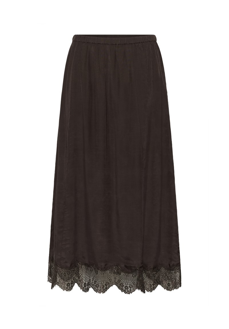 Jupe midi en satin noir avec taille froncée et bordure en dentelle festonnée, présentée sur fond blanc.