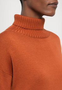 Turtleneck genser i dyp oransje strikk, med ribbestrikket krage og en glatt tekstur, utformet med en avslappet passform og minimale sømmer.