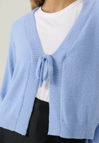Cardigan peluche blu chiaro con scollo a V e nodo frontale, indossato sopra una camicia bianca e una gonna nera, mostrato dalla vita al petto.
