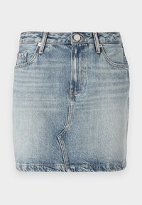 Light blue denim mini skirt with a fitted design, featuring a visible waistband, five pockets, and stitching accents. Edges are frayed.