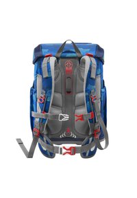 Blue and gray backpack with adjustable straps, patterned fabric, red accents, multiple pockets, and padded back support.