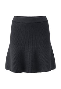 Zwarte geribde gebreide rok met een aansluitende tailleband, die iets uitloopt aan de onderkant. Gestructureerd oppervlak met een zachte uitstraling.