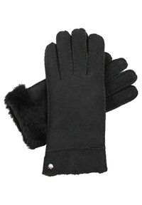 Black gloves made of soft material, featuring a furry cuff, five fingers, and a small silver accent detail. Smooth texture, classic design.