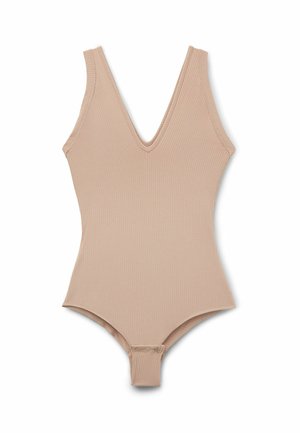 Geribbelde beige éénstuk zwempak met een diepe V-hals, brede schouderbanden en een drukknoopsluiting aan de onderkant voor makkelijk aan- en uittrekken. Gladde textuur.