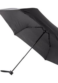 Czarny parasol z gładkim materiałowym daszkiem, smukłym metalowym prętem i plastikowym uchwytem. Kompaktowy design o prostym i funkcjonalnym wyglądzie.