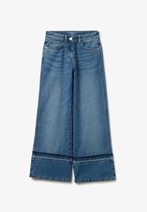Helle Wide-Leg-Denimjeans in ausgewaschenem Blau, mit höherer Taille, Knopfverschluss und ausgefransten Säumen an den Bündchen. Klassisches Fünf-Taschen-Design.