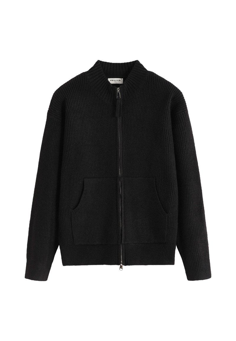 Pull noir en maille côtelée avec fermeture éclair, col montant, poches avant et coupe droite. Texture douce et style polyvalent.