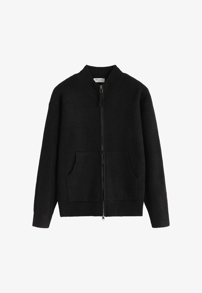 Pull noir en maille côtelée avec fermeture éclair, col montant, poches avant et coupe droite. Texture douce et style polyvalent.