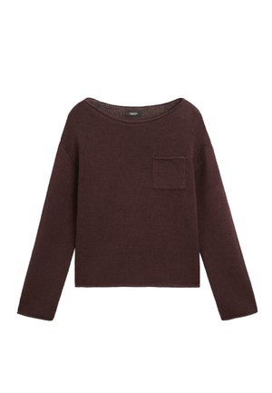 Ciemnobrązowy sweter z dzianiny z długimi rękawami, szerokim okrągłym dekoltem i małą kwadratową kieszonką na lewej piersi.
