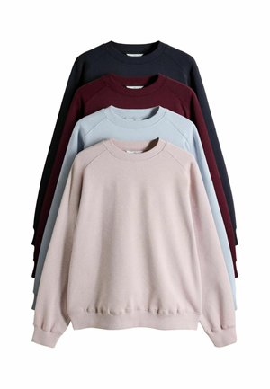 Fire ensfarvede crewneck sweatshirts i beige, lyseblå, mørkerød og sort, stablet lodret på en hvid baggrund.
