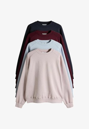 Fire ensfarvede crewneck sweatshirts i beige, lyseblå, mørkerød og sort, stablet lodret på en hvid baggrund.