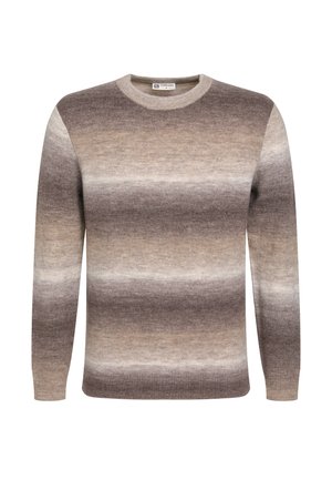 Gebreide trui met een ronde hals, voorzien van horizontale strepen in bruin- en beigetinten, gemaakt van een zachte wolmix.