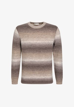 Kootud sviiter ümmarguse kaelusega, millel on horisontaalsed triibud pruunides ja beežides toonides, valmistatud pehmest villasegusest kangast.