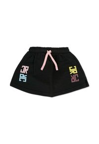 Jupe de sport noire avec une taille élastique et un cordon de serrage rose. Présente des logos colorés en bleu, rose et jaune sur le devant.