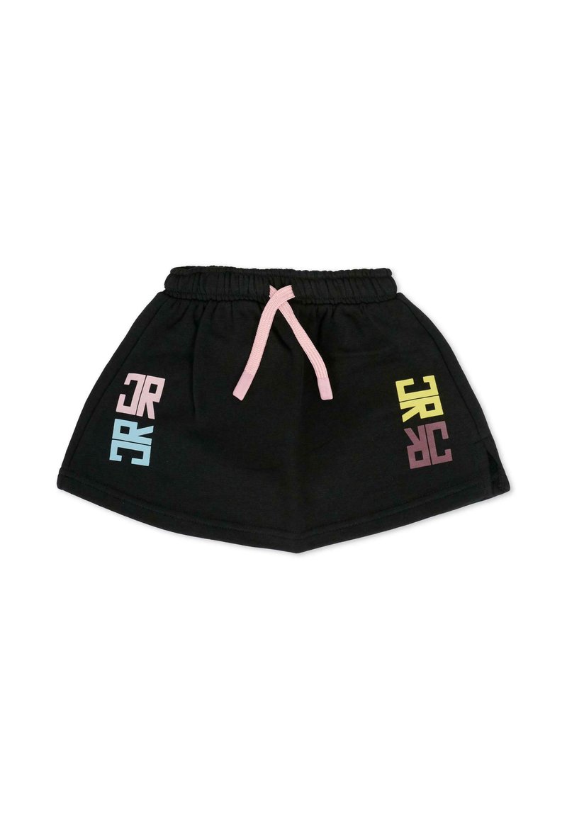 Jupe de sport noire avec une taille élastique et un cordon de serrage rose. Présente des logos colorés en bleu, rose et jaune sur le devant.