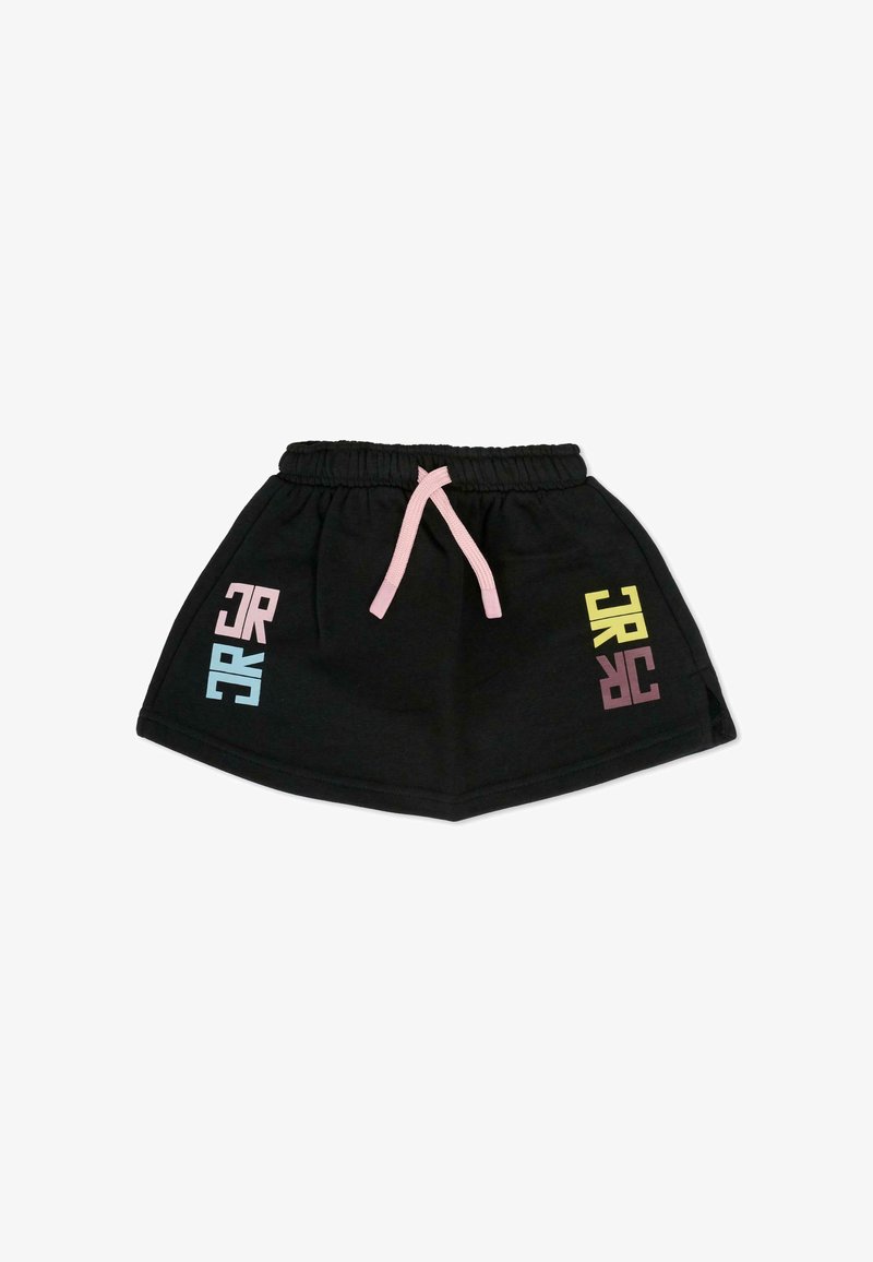 Jupe de sport noire avec une taille élastique et un cordon de serrage rose. Présente des logos colorés en bleu, rose et jaune sur le devant.