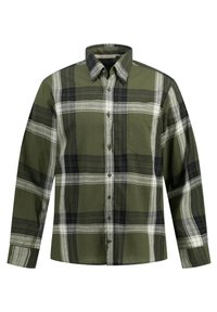 Camicia a quadri verde con bottoni, maniche lunghe, una tasca sul petto e righe alterne di bianco e blu scuro.