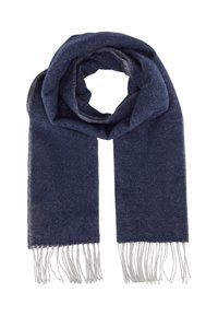 Marineblauwe sjaal van een zachte stof, met een gestructureerde weving en grijze franjes aan de uiteinden. Loopontwerp voor veelzijdige styling.