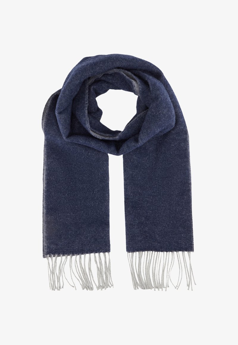 Sciarpa blu navy realizzata in morbido tessuto, caratterizzata da una trama testurizzata e frange grigie alle estremità. Design a loop per uno stile versatile.