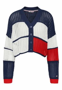 Cardigan accorciato con texture lavorata a maglia, caratterizzato da blocchi di colore blu navy, bianco e rosso, scollatura a V e chiusura con bottoni.