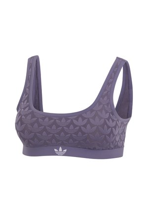 Lila Sport-BH mit breiten Trägern, der ein sich wiederholendes Muster aus Dreifinger-Logos und einen solidem Bund mit einem zentralen Dreifinger-Logo zeigt.