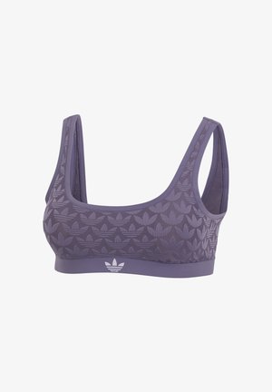 Lila Sport-BH mit breiten Trägern, der ein sich wiederholendes Muster aus Dreifinger-Logos und einen solidem Bund mit einem zentralen Dreifinger-Logo zeigt.