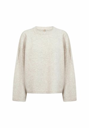 Pull en maille beige clair à manches longues avec col rond et poignets et ourlet côtelés.
