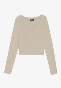 Beige, hosszú ujjú felső, mély V-kivágással, cropped kialakítással, puha tapintással és egyenes aljjal. Könnyű anyagból készült. Címke látható.