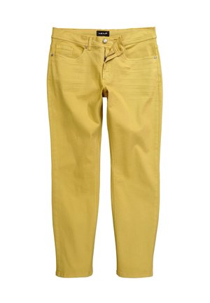 Gelbe Denim-Jeans mit klassischem Design, fünf Taschen und Reißverschluss. Sie verfügen über dezente Textur- und Nähdetails.