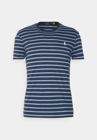Navy blue and light blue striped short-sleeve T-shirt with a round neck and embroidered logo on the left chest. Made of cotton.