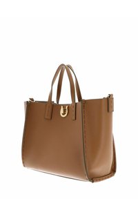 Sac à main en cuir marron avec surface texturée, design structuré, deux poignées courtes et un détail en métal doré.