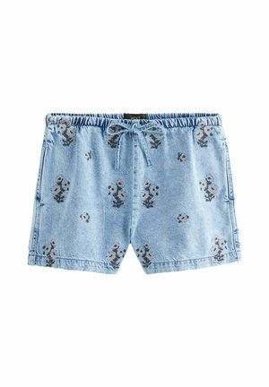 Pantaloncini in denim azzurro chiaro con vita elasticizzata, coulisse e piccolo motivo floreale ricamato bianco.