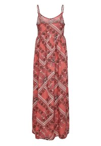 Robe maxi corail avec un motif comprenant des losanges et des cercles. Matière légère avec des bretelles fines réglables.