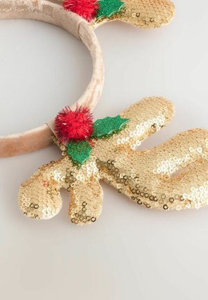Goldene Pailletten-Stirnband in Form von Rehngeweihen, verziert mit roten Pompons und grünen Stechpalmenblättern; weicher Stoffband mit glänzender Textur.