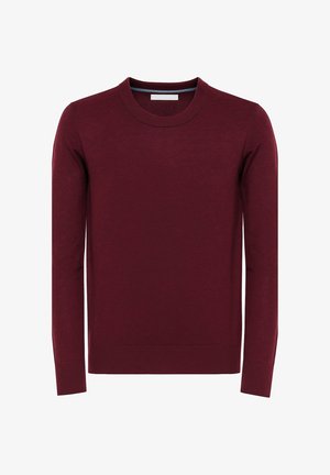 Maglione bordeaux con scollo a girocollo in morbido materiale lavorato a maglia. Presenta maniche lunghe, polsini e orlo a coste con una texture liscia.