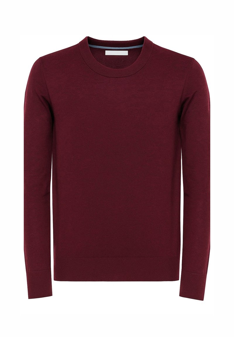 Maglione bordeaux con scollo a girocollo in morbido materiale lavorato a maglia. Presenta maniche lunghe, polsini e orlo a coste con una texture liscia.