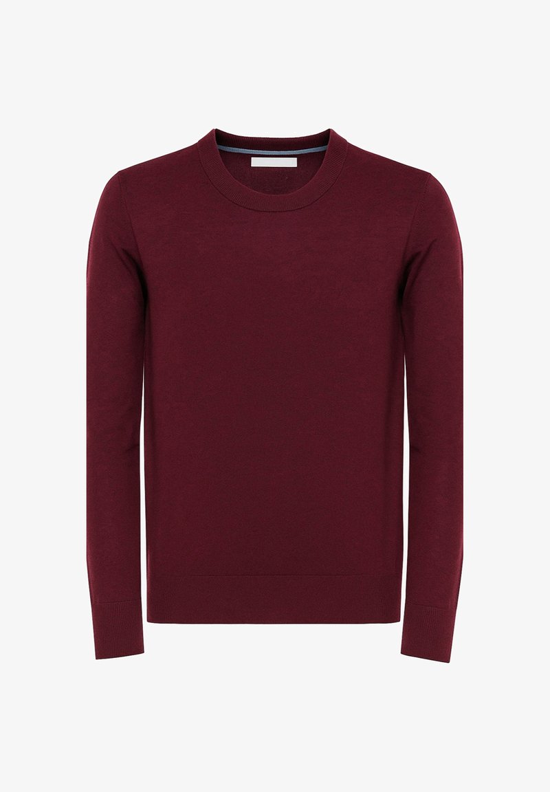 Maglione bordeaux con scollo a girocollo in morbido materiale lavorato a maglia. Presenta maniche lunghe, polsini e orlo a coste con una texture liscia.