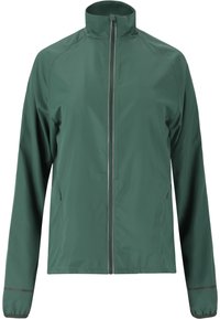 Groene, lichte jas met hoge kraag, volledige rits aan de voorkant en ritszakken aan de zijkanten. Glad materiaal, elastische manchetten en reflecterende accenten.