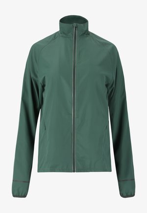 Grüne, leichte Jacke mit hohem Kragen, durchgehendem Reißverschluss und seitlichen Reißverschlusstaschen. Glattes Material, elastische Bündchen und reflektierende Elemente.