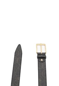 Cinturino in pelle nera con motivo in rilievo, fibbia in metallo dorato, estremità appuntita e più fori per la regolazione. Texture liscia e design elegante.