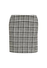 Checkered skirt in black and white, featuring a woven texture with a houndstooth pattern, form-fitting design, and smooth hemline.